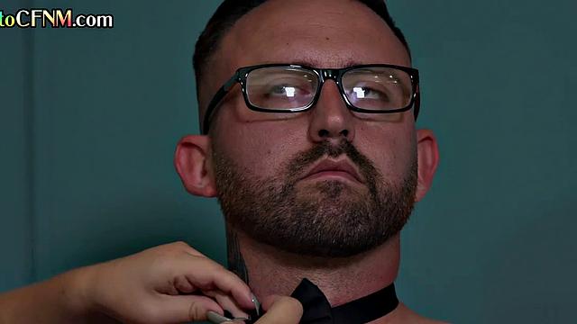 Busty CFNM domina babes sucking and stroking sub's cock