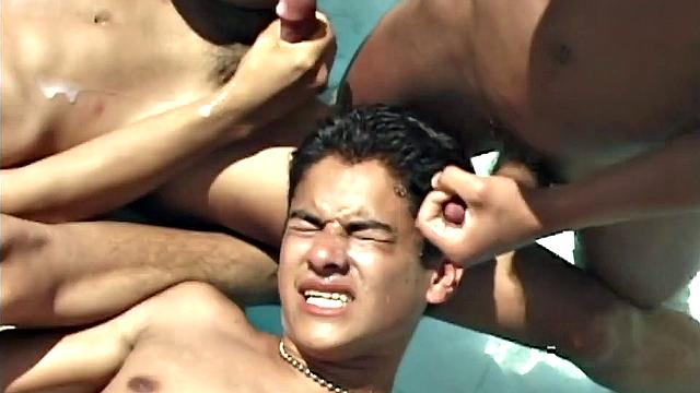 In Part 2 of this pool-side sex orgy, the four Latin twinks are at it again, but this time they haven't broken up into couples. Spit roasting is the game, and these naked boys take full advantage of each other under the blazing sun.