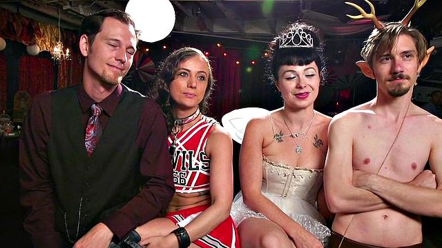 Bondage subs drilled and toyed in group