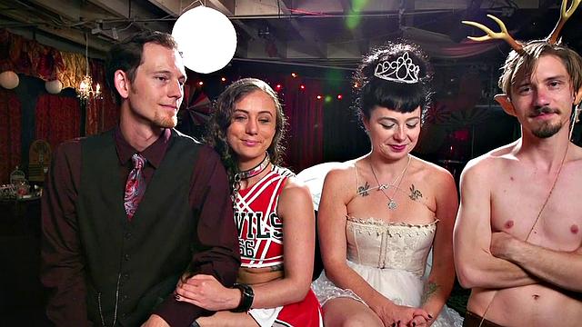 Bondage subs drilled and toyed in group