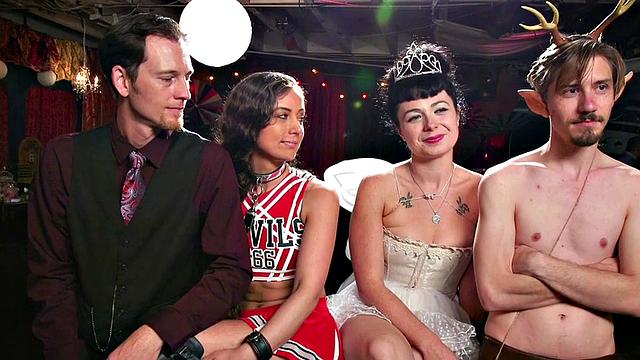 Bondage subs drilled and toyed in group