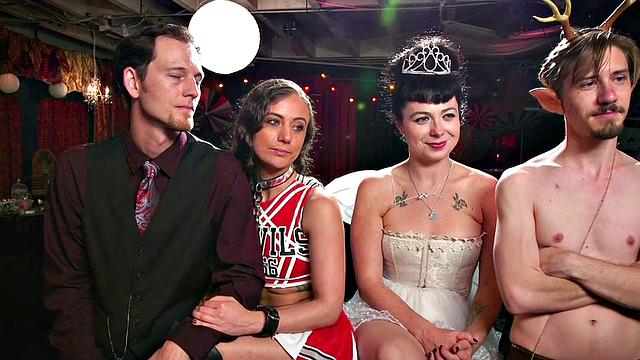 Bondage subs drilled and toyed in group