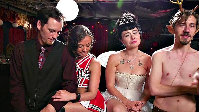 Bondage subs drilled and toyed in group