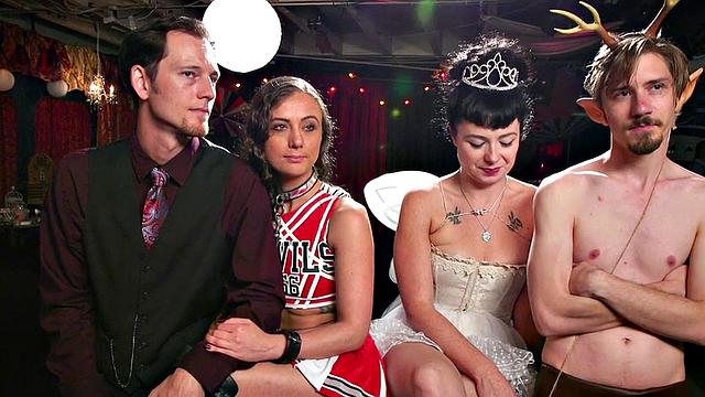 Bondage subs drilled and toyed in group