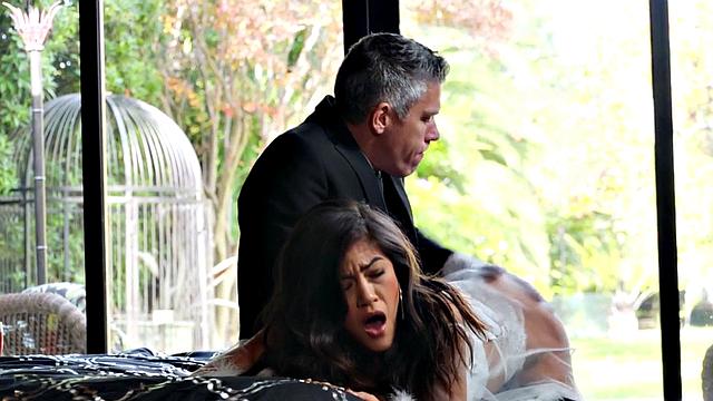 Spoiled Asian babe assfucked by her servant after spanking