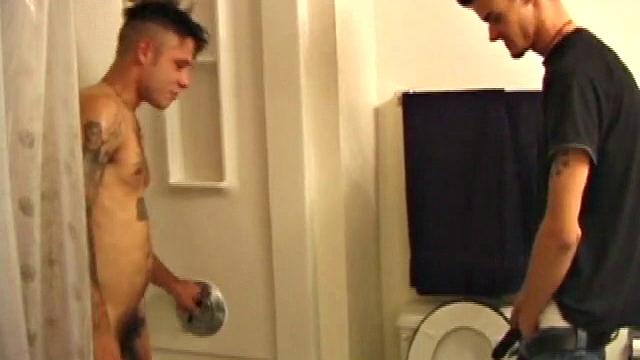 Derrick comes into the bathroom to take a piss, while Dillon is in the shower. When offered a blowjob, he strips, jumps up on the sink counter and leans back as Dillon sucks him clean.