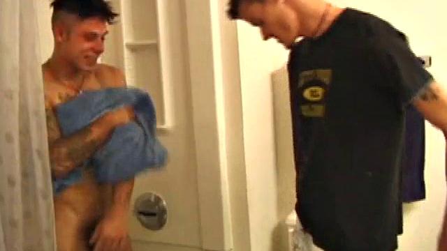 Derrick comes into the bathroom to take a piss, while Dillon is in the shower. When offered a blowjob, he strips, jumps up on the sink counter and leans back as Dillon sucks him clean.