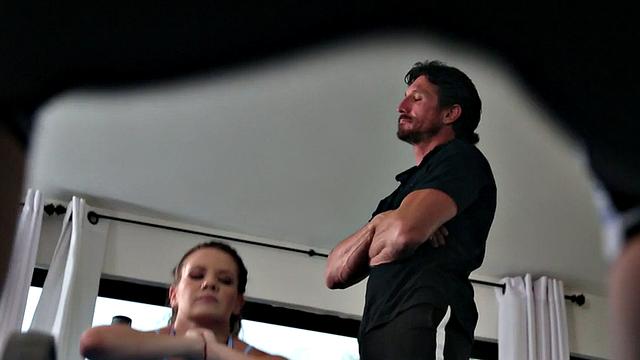 Babe blowing trainer before pussy toyed with object