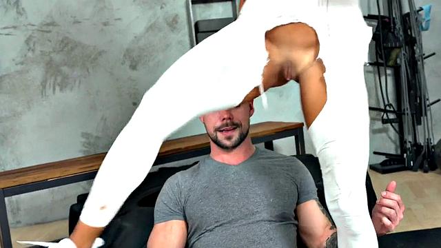 Ebony anal slut banged in gym after titfucking