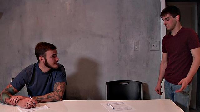 Tattooed stud fucks muscled bottom after cocksucking