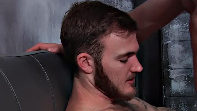 Tattooed stud fucks muscled bottom after cocksucking