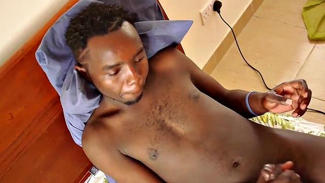 Skinny black amateur wanking his shaft during solo