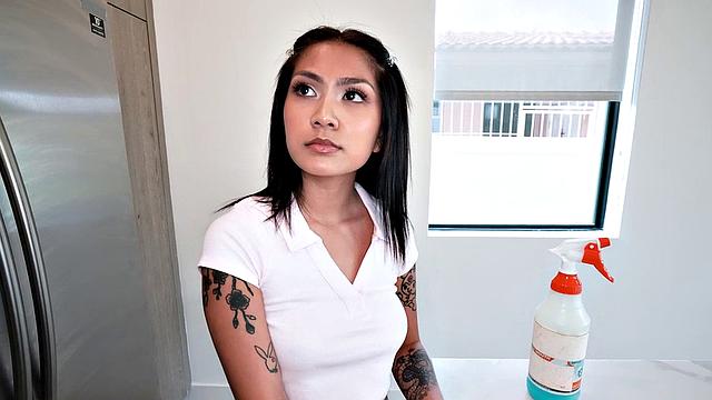 Asian maid with tattoos gets her tight pussy drilled while cleaning the kitchen