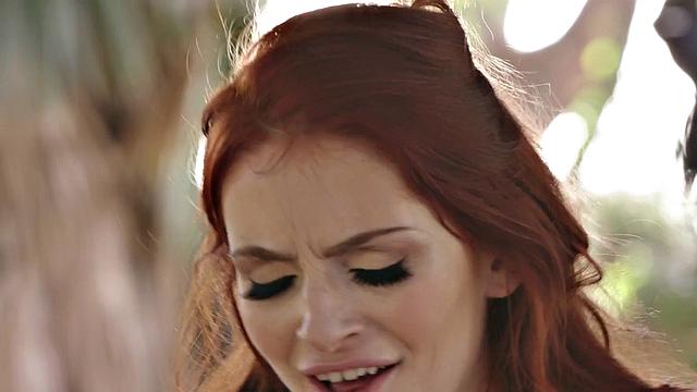 Hairy redhead dyke pleased outdoors by GF to orgasm