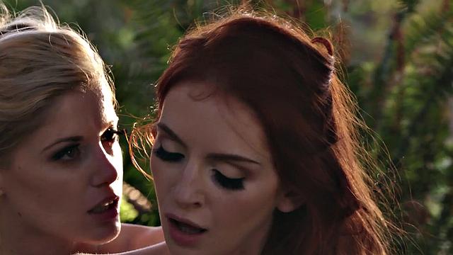 Hairy redhead dyke pleased outdoors by GF to orgasm