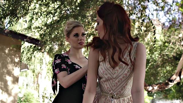 Hairy redhead dyke pleased outdoors by GF to orgasm