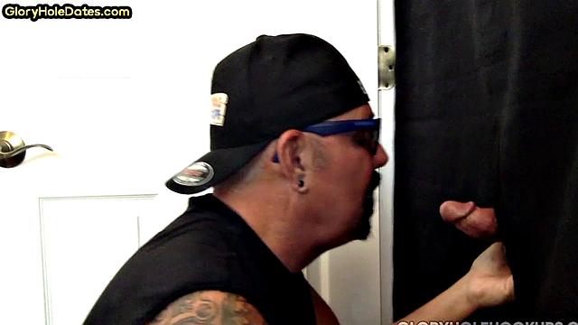 Real gloryhole moustache DILF sucks cock in private home