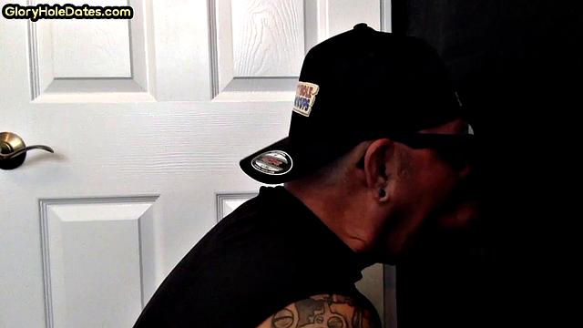 Real gloryhole moustache DILF sucks cock in private home