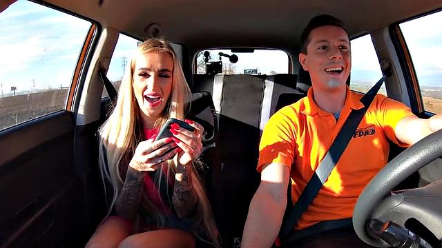 Busty tattooed driving student fucked public outdoor