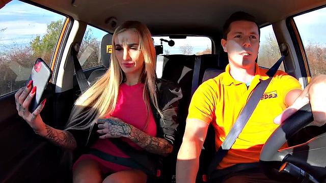 Busty tattooed driving student fucked public outdoor