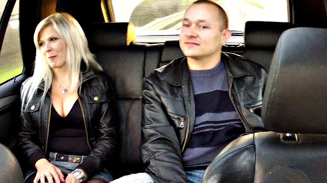 Blonde wife gets pounded in the cab while her cuckold hubby watches in delight