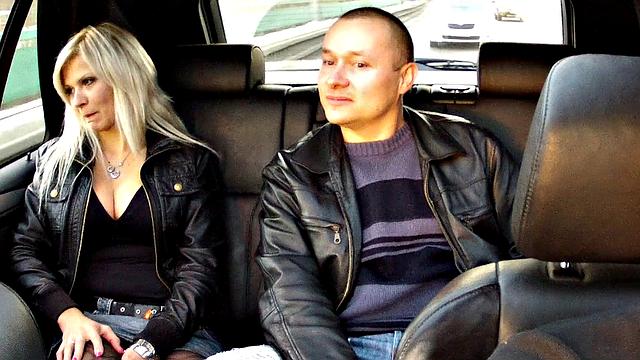 Blonde wife gets pounded in the cab while her cuckold hubby watches in delight