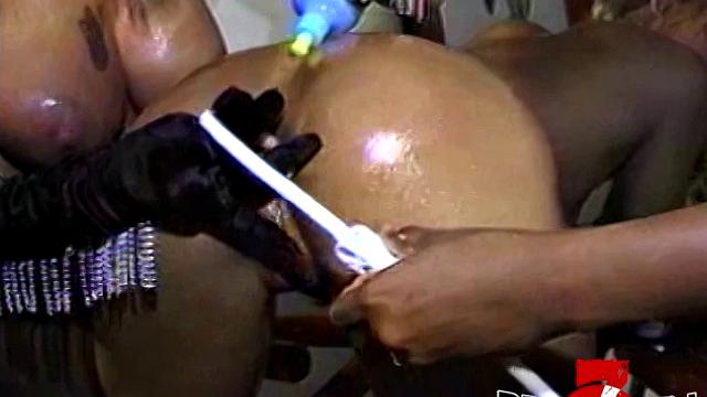 Busty enema dykes toy asses and pussies in threesome