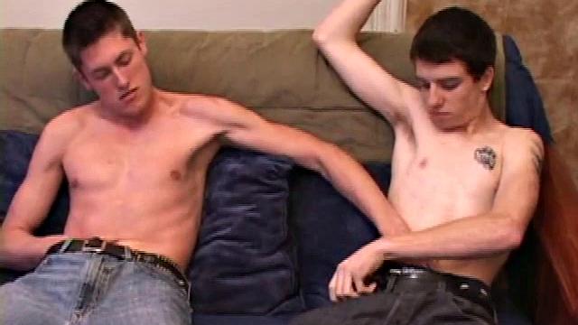 Marc Sterling and Mason Night are on the sofa working their dicks, before Marc goes down on his buddy. In no time Marc squirts a monster load with Mason's cock in his mouth. Then Mason pumps out a warm cum load onto his stomach.