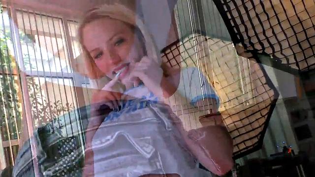 HJ POV medium boobs babe wanks oiled cock and talks dirty