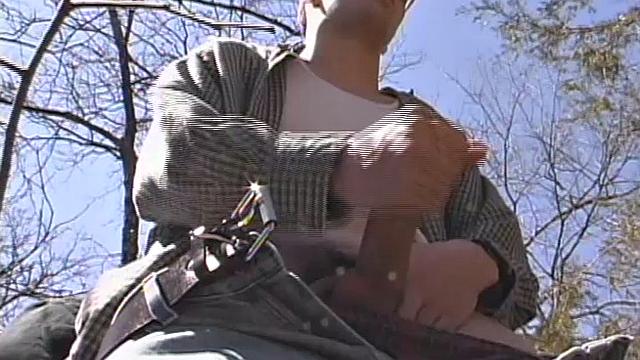When 18 year old Derrick Windsor is out hiking in the woods, he gets the urge to jerk off. The young man looks around and sees he's alone, so he leans on a fallen tree and pulls down his pants just enough to work his growing cock.