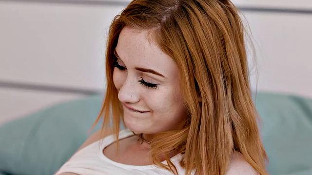 Dirty white dude pounds bald pussy of young redhead in missionary pose