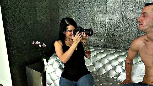 Jade, the stunning babe, gets her tight pussy licked in denim shorts & reverse cowgirl action backstage