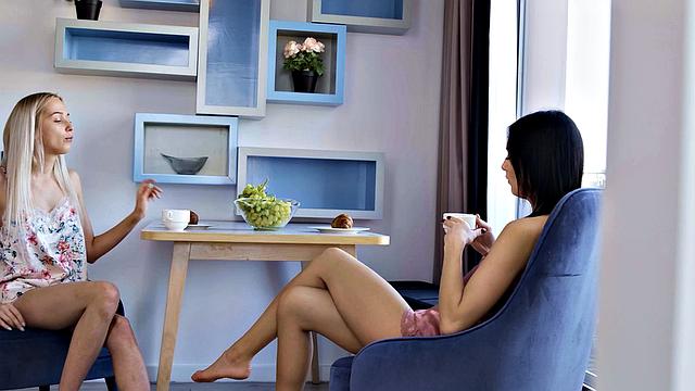 Petite Blonde Gets Aroused By Sexy Busty Roommate's Dancing