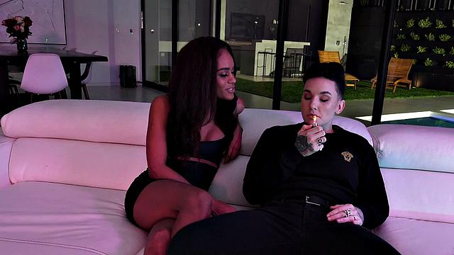 Smoking queer with tattoos licks Ebony pussy before being licked