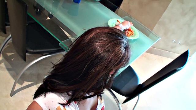 Tattooed babe gets her pussy fucked & facialized at indoor party