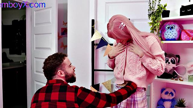 Pink hair college femboy bareback fucked by top BF