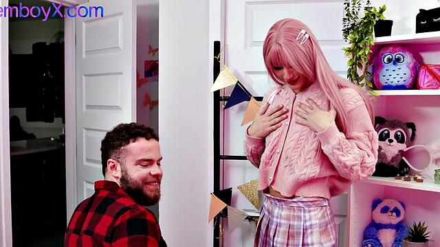 Pink hair college femboy bareback fucked by top BF