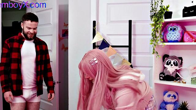 Pink hair college femboy bareback fucked by top BF