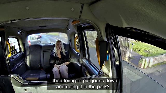 Blonde MILF in high heels gets her bald pussy pounded in a taxi