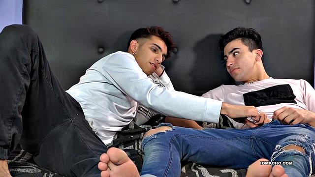 We join Latinos Fabrice and Damian, rolling around in bed, kissing, as they strip naked. The boys stroke each other's cock, until Fabrice goes in for a little ass licking.