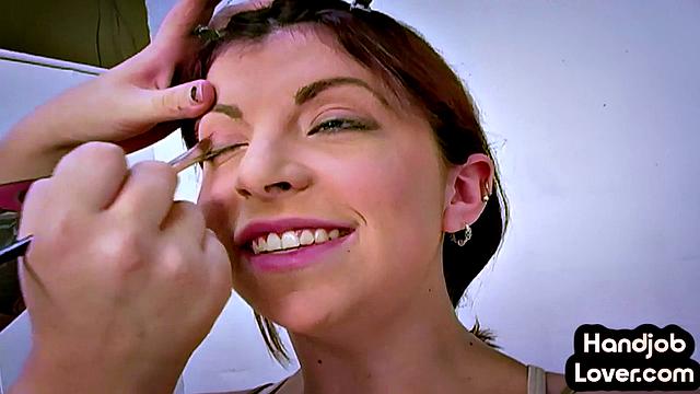 Chubby girl in glasses gets facial