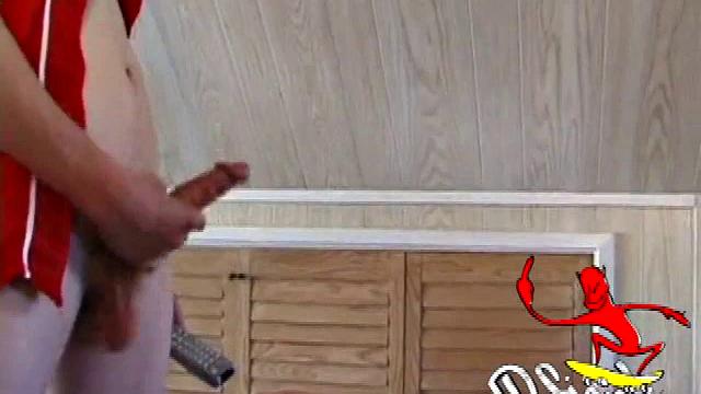 Derek is rubbing his cock through his sweat pants, before stripping them off to show us what he's packing. With the remote control in one hand and his lubed meat in the other, Derek comments on the size of his cock, asking if we like it.