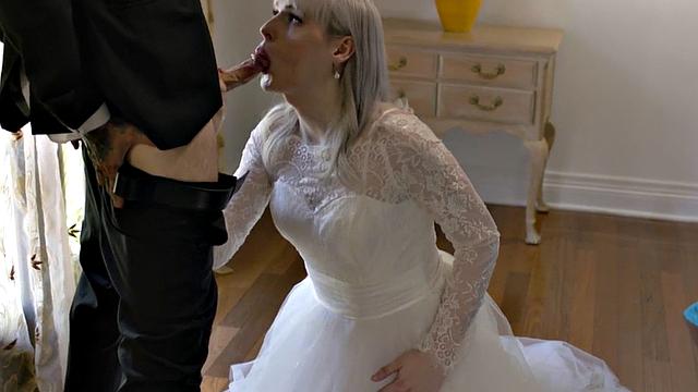 TS bride enjoys bareback 3some with BF and big-boobed GF