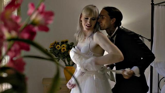 TS bride enjoys bareback 3some with BF and big-boobed GF