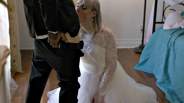 TS bride enjoys bareback 3some with BF and big-boobed GF