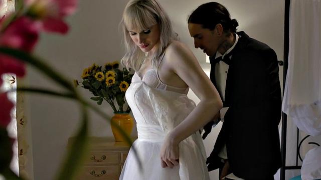 TS bride enjoys bareback 3some with BF and big-boobed GF