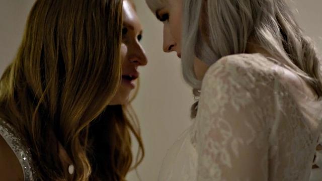 TS bride enjoys bareback 3some with BF and big-boobed GF