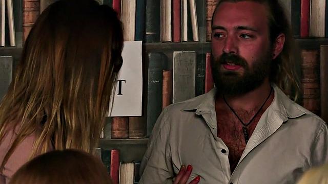 CFNM oral and handjob babes tease hard cock in library