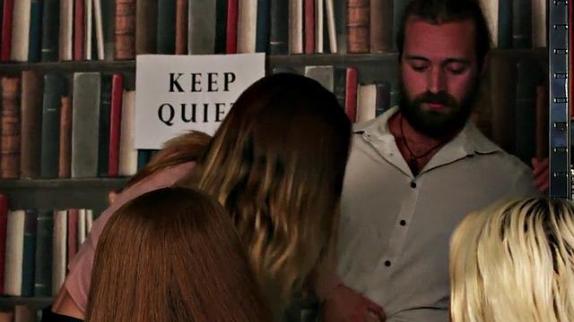 CFNM oral and handjob babes tease hard cock in library