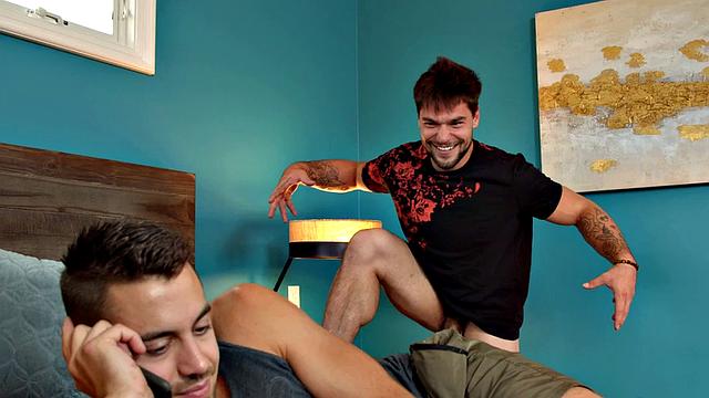 Muscular stud gets barebacked by his tattooed BF after deepthroating his girlfriend's ass